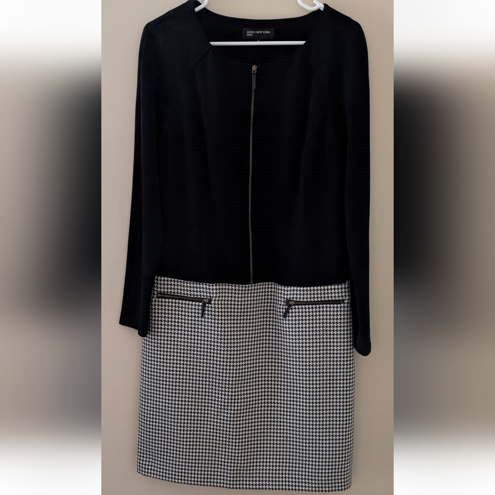Jones New York Black Dress with Zip  & Houndstooth Print Detail ~ Sz 10